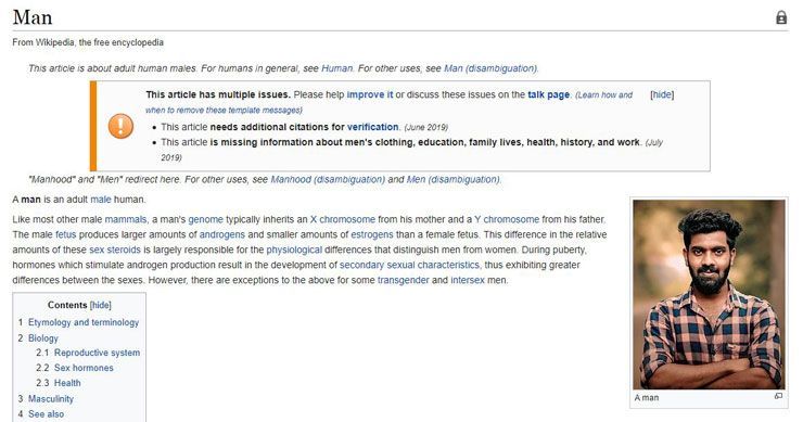 La página de Wikipedia de 'Man' tiene una imagen de Mallu Guy y la gente no puede olvidar lo aleatoria que es